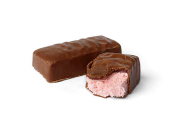 Strawberry souffle in chocolate sweets isolated on white background.