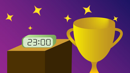 Trophies and clocks tell the time twenty-three o'clock to the habit of successful people.