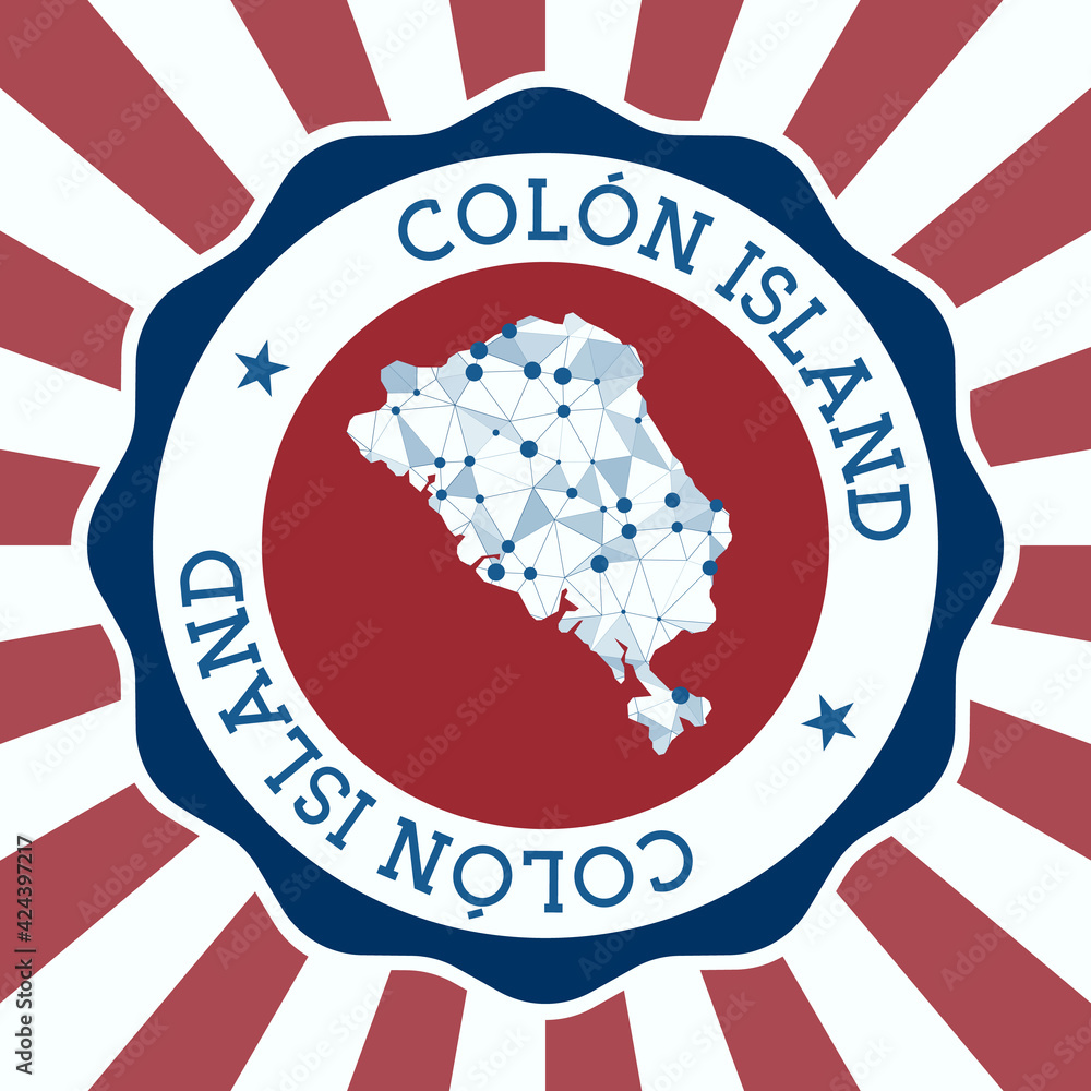 Poster colon island badge. round logo of island with triangular mesh map and radial rays. eps10 vector.