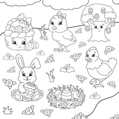 Coloring book for kids. Easter clipart. Cheerful characters. Vector illustration. Cute cartoon style. Black contour silhouette. Isolated on white background.