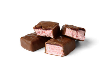 Strawberry souffle in chocolate sweets isolated on white background.