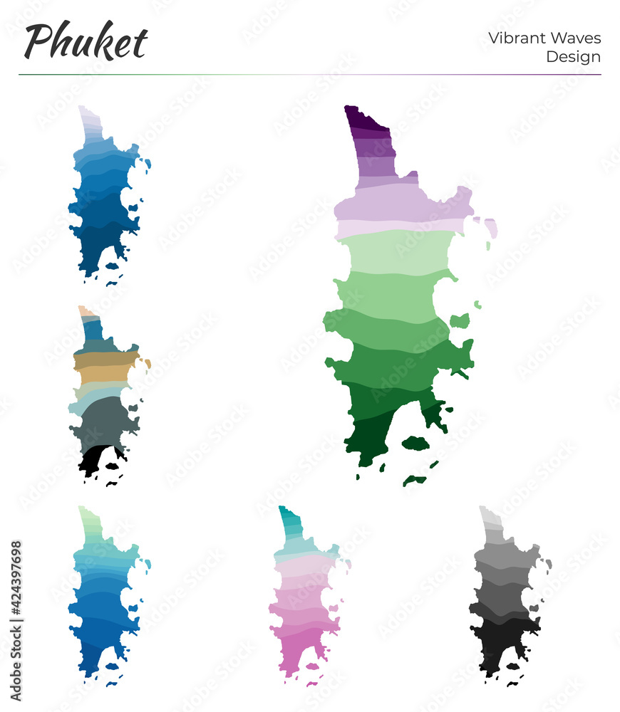 Poster set of vector maps of phuket. vibrant waves design. bright map of the island in geometric smooth cur