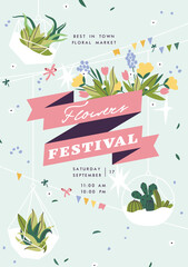 Flower show announcing poster template. Text customized for invitation to event. Garden party layout with fancy flowers in folk painting style. Vector illustration.