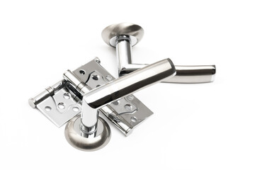 hardware for door handles and hinges isolated okn white background .