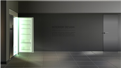 3d realistic vector open empty fridge side ways with shelves in the room.