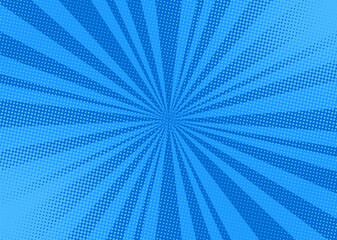 Pop art background. Comic cartoon texture with halftone and sunburst. Blue starburst pattern. Retro effect with dots. Vintage sunshine banner. Vector illustration. Superhero wow banner.