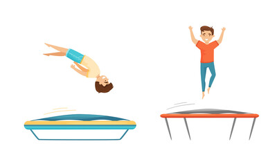 Excited Boys Jumping on Trampoline Bouncing and Having Fun Vector Set