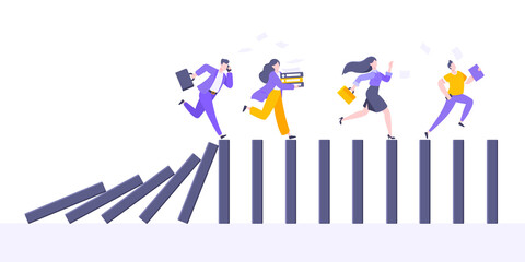 Domino effect or business cowardice metaphor vector illustration concept. Adult young people run away from falling domino line business concept problem solving and danger chain reaction.