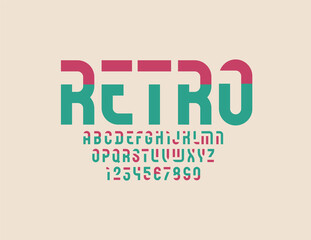 Retro original font, old stencil alphabet, trendy geometric modular letters and numbers, vector illustration 10EPS