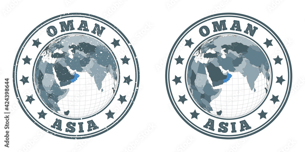 Poster oman round logos. circular badges of country with map of oman in world context. plain and textured c