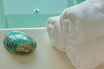 Sea shell and towel on the hot tub