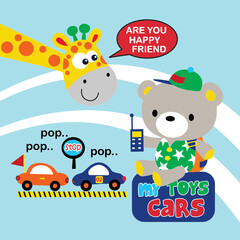 bears giraffes playing cartoon vector illustration 