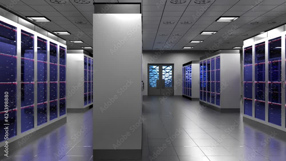 Poster data center with many rack servers standing in a row - hosting, storage concept - 3d 4k animation (3
