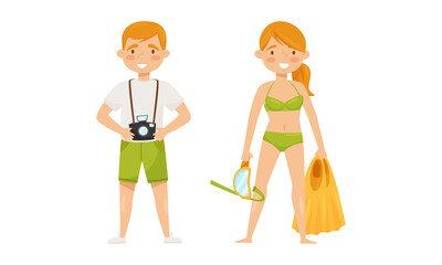Man with Photo Camera and Woman in Swimming Suit and with Swimfin as Summer Tourists Vector Set