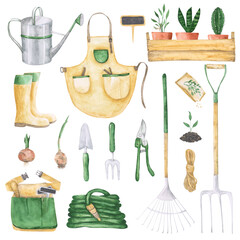 Set of watercolor gardening objects isolated. Hand-drawn garden clipart. Farmhouse objects. Sprout, watering can, garden apron, rake, hose, secateurs, rope, wellies, gloves, pitchfork.