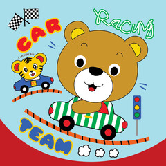 bear playing toy car cartoon vector 