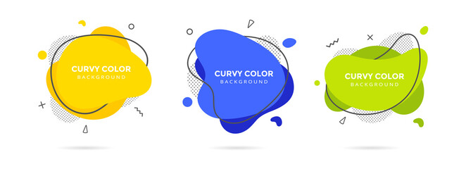 3 Modern liquid irregular amoeba blob shape abstract elements graphic flat style design fluid vector illustration set banner simple shape template for presentation, flyer, isolated on white background