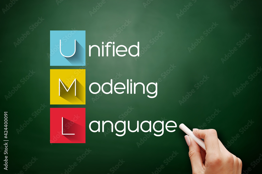 Aufkleber uml - unified modeling language acronym, technology concept background on blackboard