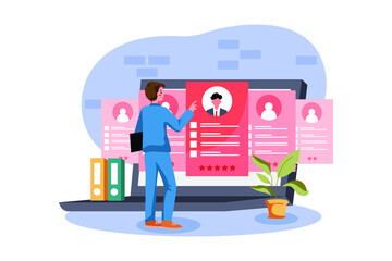 Employer choosing the best candidate on background of laptop screen.