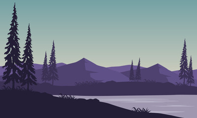Incredible panoramic views of the mountains from the riverbank in the morning. Vector illustration