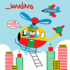 bear landing his helicopter cartoon vector 