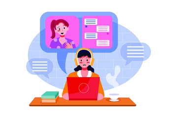 Businesswoman wear headphones listen candidate answers during online Interview. 