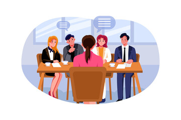 Woman during job interview and four elegant members of management - obrazy, fototapety, plakaty