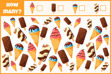 Educational mathematical game. Count the number of ice creams. Count how many ice creams. Counting game for children.