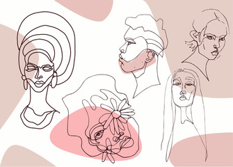 People faces in one line art style with flowers.Continuous line art in elegant style for prints, tattoos, posters, textile, cards. Beautiful face portrait pattern