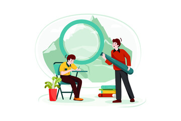 Geology Study. A teacher holding a magnifying glass teaching students to geology or about earth exploration