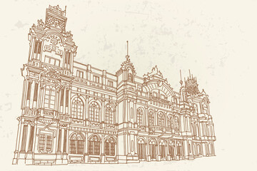 Obraz premium Vector sketch of Port Authority of Barcelona. Spain.