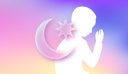 Praying man silhouette and calligraphy text with glowing light effects on dark background. Poster for muslim religion holiday Ramadan Kareem.