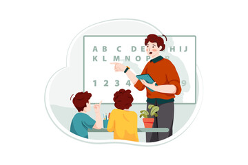 Classroom. Schoolteacher teaching alphabets and numbers to teacher