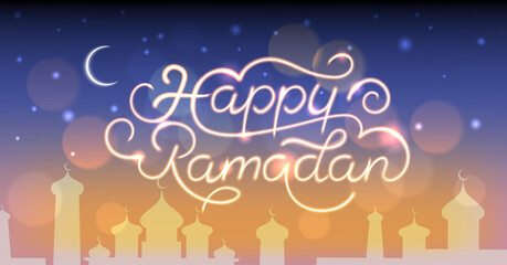 Poster for muslim religion holiday Ramadan Kareem. Decorate text "Happy Ramandan".