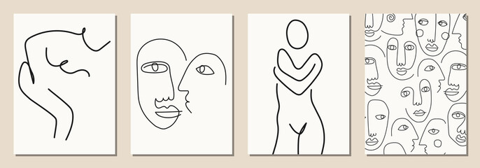 Hand drawn abstract woman faces in line art style, set of trendy posters, modern minimalism art, aesthetic contour