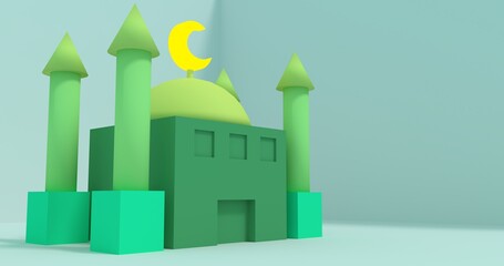 Miniature Mosque of block toy from side view rendering of 3d illustrations