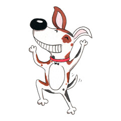 Hand drawn watercolor illustration. Clipart for children design. Cute active happy spotted puppy dog smiles wide, rejoices, jumps up and dances like at party or disco.