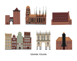 Vector color hand drawn illustration with an old town city sights and monuments of architecture set. Gdansk, Poland.