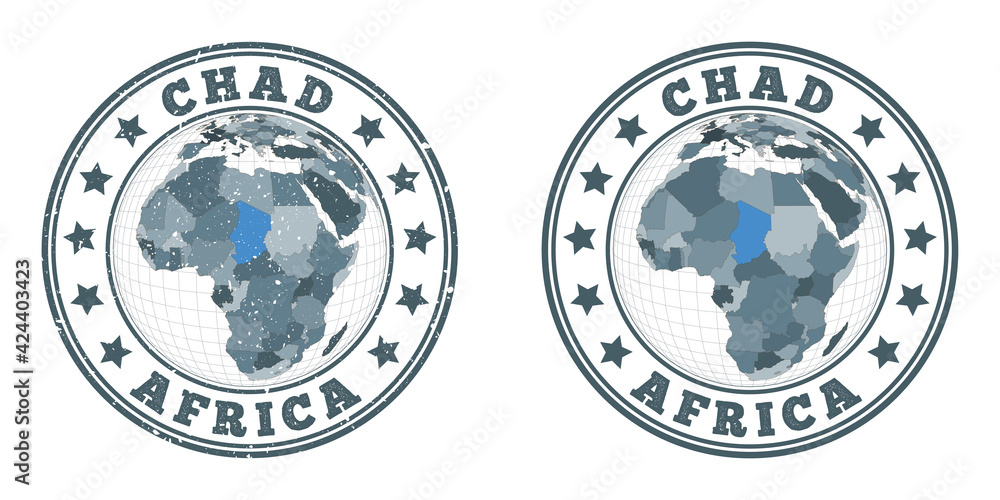 Poster chad round logos. circular badges of the country with a map of chad in a world context. plain and te
