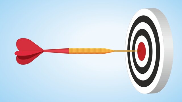 Strategies To Reach Goal. Dart Arrow In Bulls Eye. Copy Space For Your Text.  Dimension 16:9. Vector Illustration. EPS10.