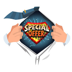 man open shirt to show "special offer" text design - vector illustration