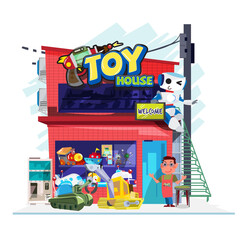 Toy shop store with seller - vector illustration