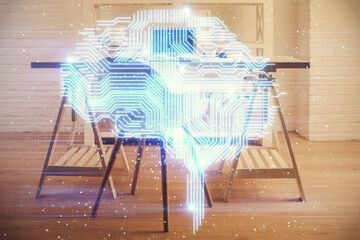 Fototapeta na wymiar Multi exposure of brain drawing and office interior background. Concept of data technology.