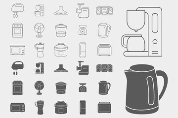 Home machines Icons set - Vector outline symbols and silhouettes of microwave, oven, refrigerator, vacuum, blender, kettle and other appliances for the site or interface