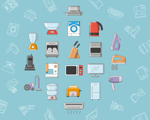 Home machines Icons set - Vector color symbols and outline of refrigerator, vacuum, microwave, blender, oven, kettle and other appliances for the site or interface