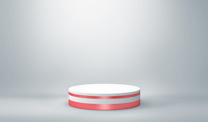 White and red podium on gray background. Minimal background for product presentation