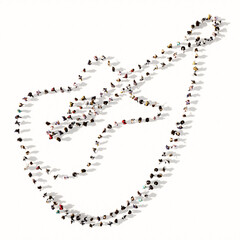 Concept or conceptual large gathering of people forming a guitar image on white background. A 3d illustration metaphor for music, concert, accoustic, festival, jazz, rock, lifestyle and entertainment