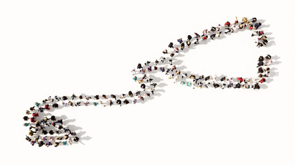 Concept or conceptual large gathering  of people forming an image of a stethoscope on white background.  A 3d illustration metaphor for a checkup, treatment, medicine, health and care