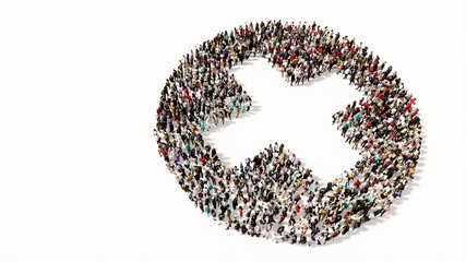 Concept or conceptual large gathering  of people forming a cross sign on white backround. A 3d illustration metaphor for medical care, assistance, emergency, doctor, pharmacy or  hospital