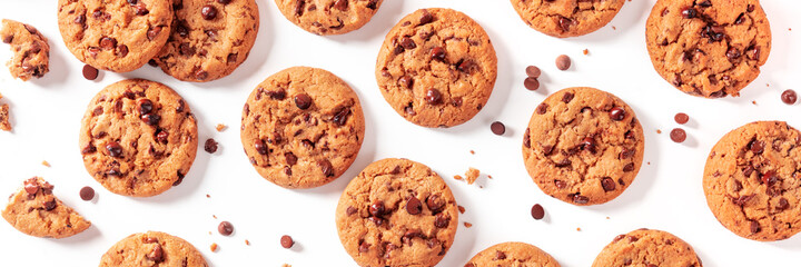 Chocolate chip cookies panorama on a white background